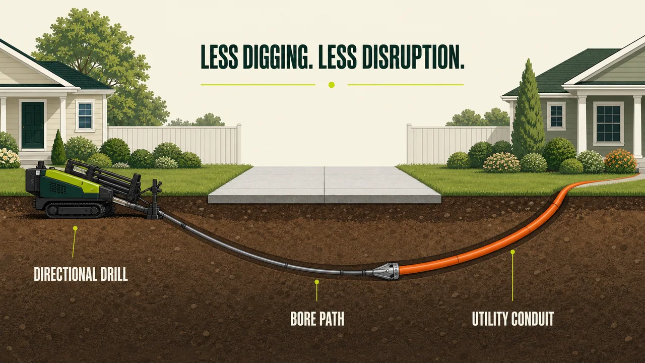 Diagram showing a directional drill installing a utility conduit beneath a driveway with less digging